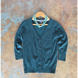 Modcloth Forest Green Charter School Cardigan Sweater Size M V Neck 3/4 Sleeve